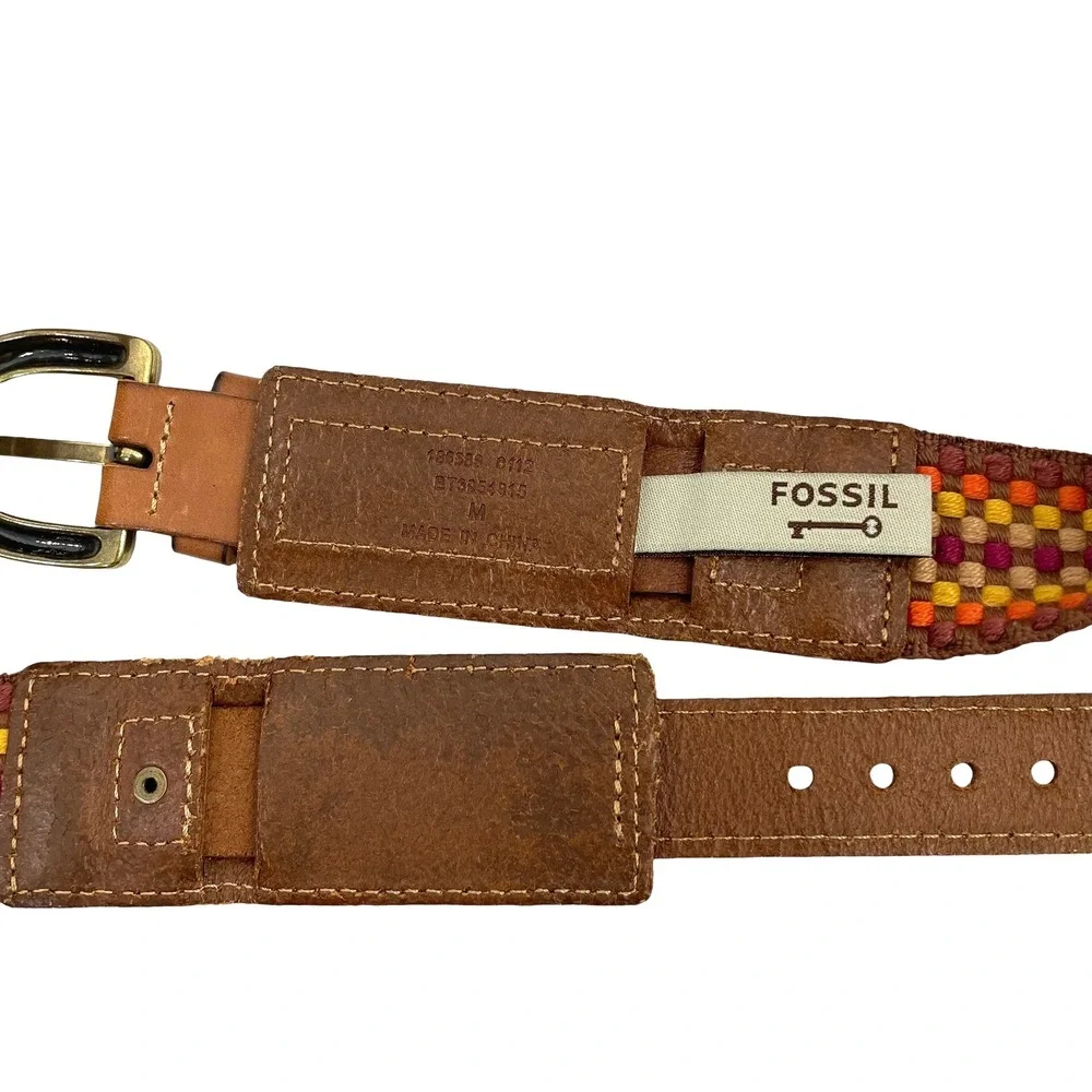 Fossil check plaid woven leather belt Size‎ M boho artsy festival western